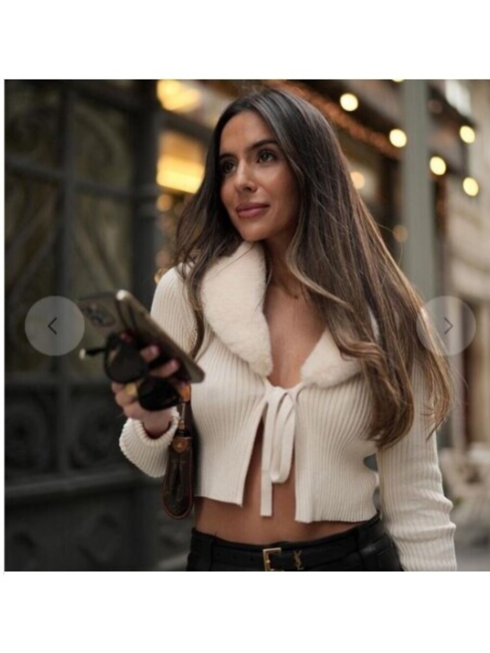 Zara Cream Ribbed Faux Fur Collar Coquette Tie Front Crop Cardigan Size M NWOT